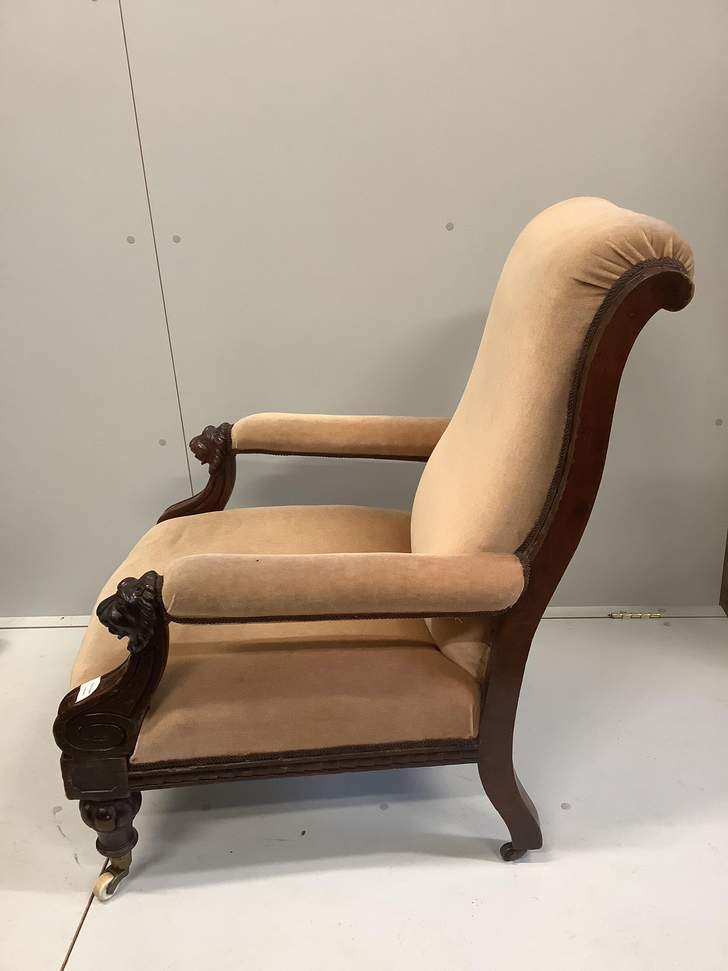 A late Victorian mahogany library chair, width 70cm, depth 78cm, height 94cm